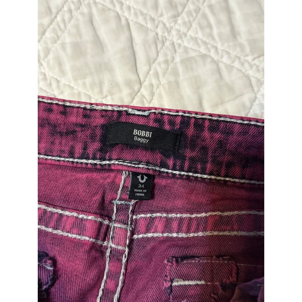 True Religion Bobbi Baggy Cargo Jeans Fiona Pink Overdye Super T Stitch 34 NEW